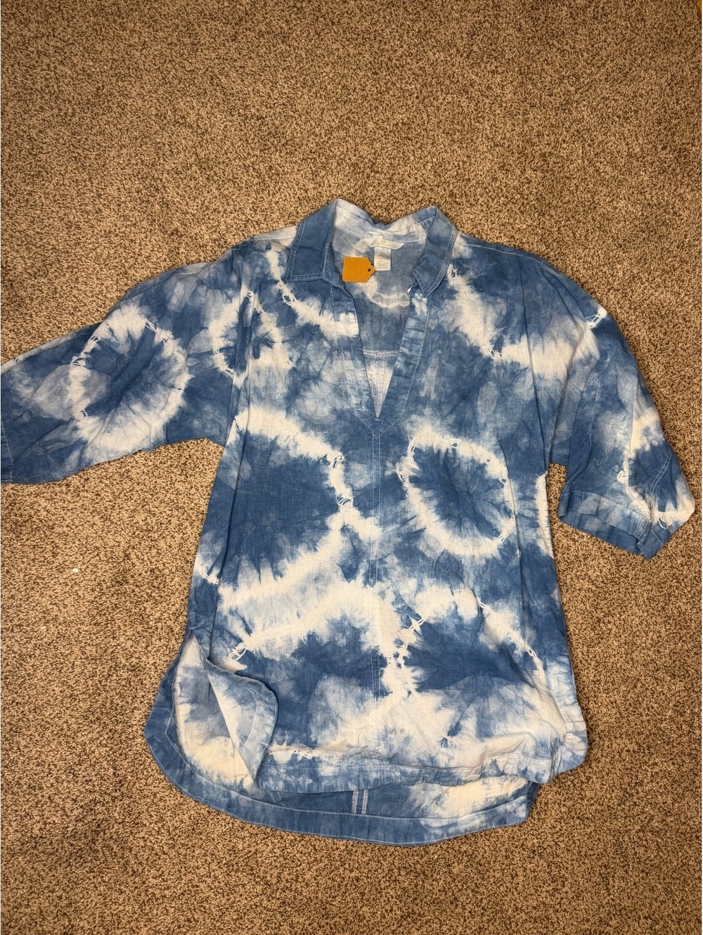 H&M Blue and White Tie-Dye Linen Cotton Shirt
